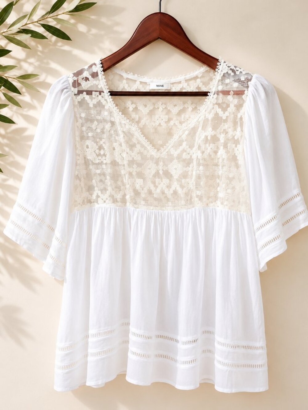 White Lace Boho Babydoll Tunic Top V Neck Milkmaid Renfair Peasant Blouse L